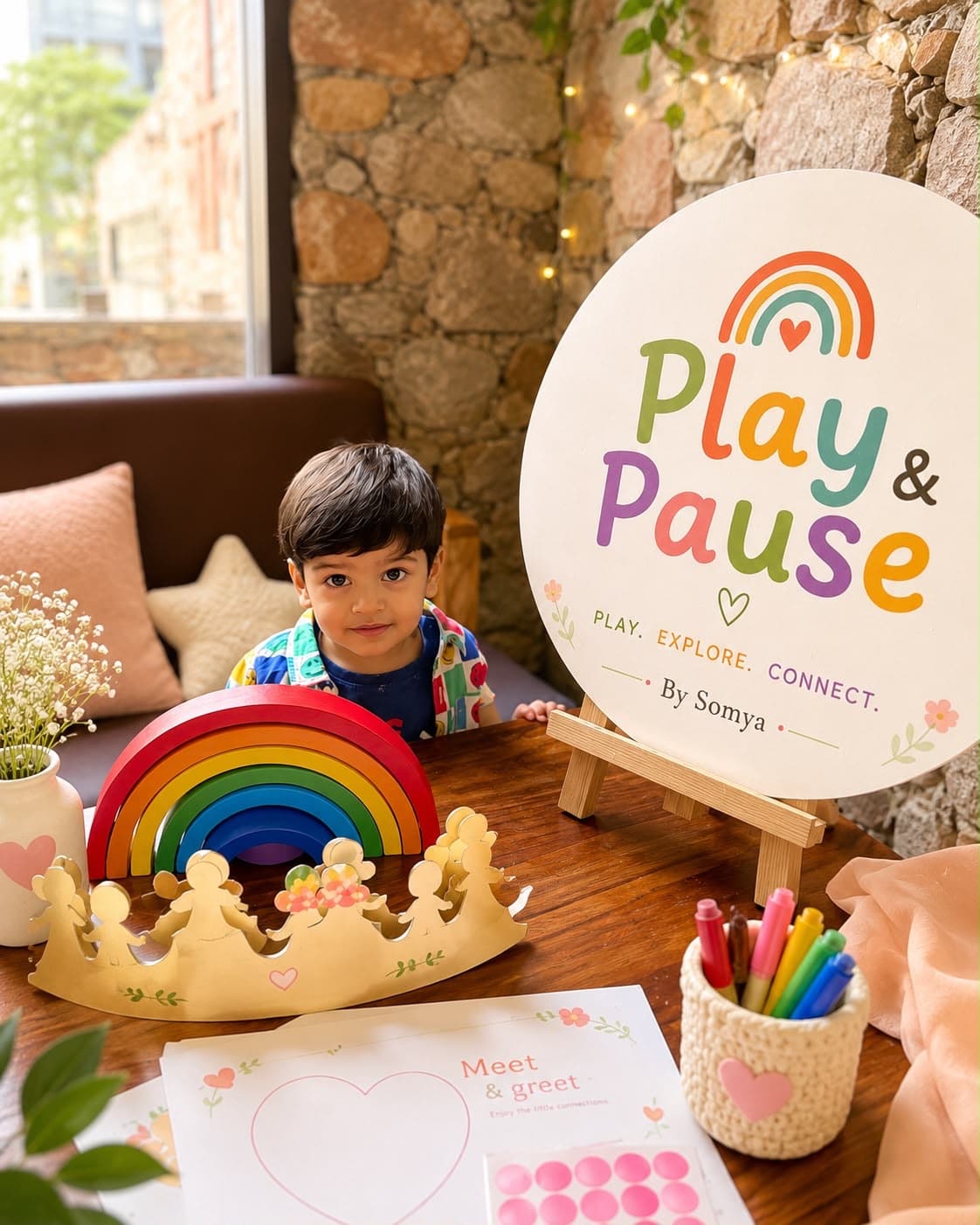 A little one at a Play & Pause session table with the branded sign, a wooden rainbow and craft activities